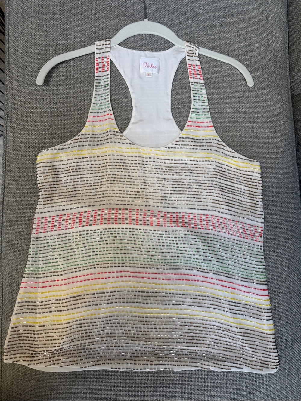 Parker Beaded White Racerback Tank with  Multicolor Stripes